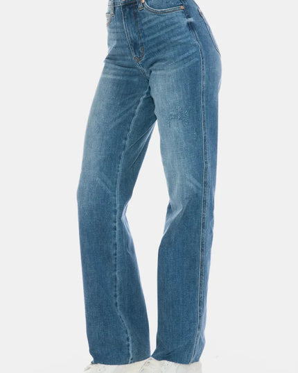 Judy Blue Full Size Tummy Control Cut Raw Hem Straight Jeans - Trendsi