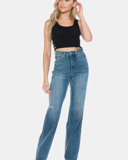 Judy Blue Full Size Tummy Control Cut Raw Hem Straight Jeans - Trendsi