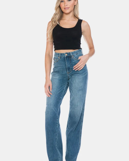 Judy Blue Full Size Tummy Control Cut Raw Hem Straight Jeans - Trendsi
