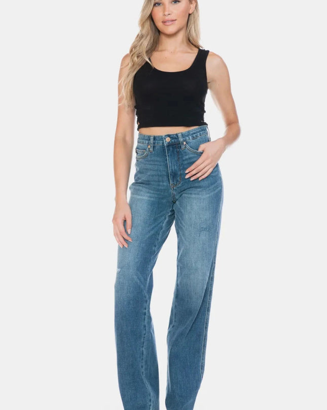 Judy Blue Full Size Tummy Control Cut Raw Hem Straight Jeans - Trendsi