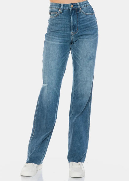 Judy Blue Full Size Tummy Control Cut Raw Hem Straight Jeans - Trendsi