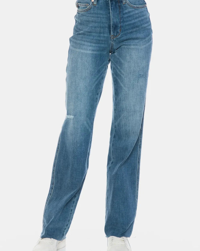 Judy Blue Full Size Tummy Control Cut Raw Hem Straight Jeans - Trendsi