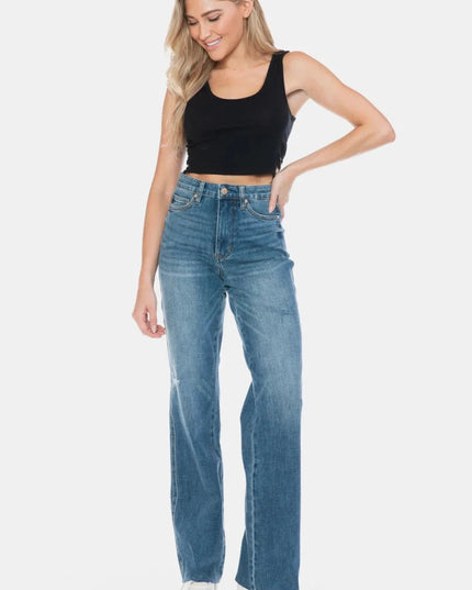 Judy Blue Full Size Tummy Control Cut Raw Hem Straight Jeans - Trendsi