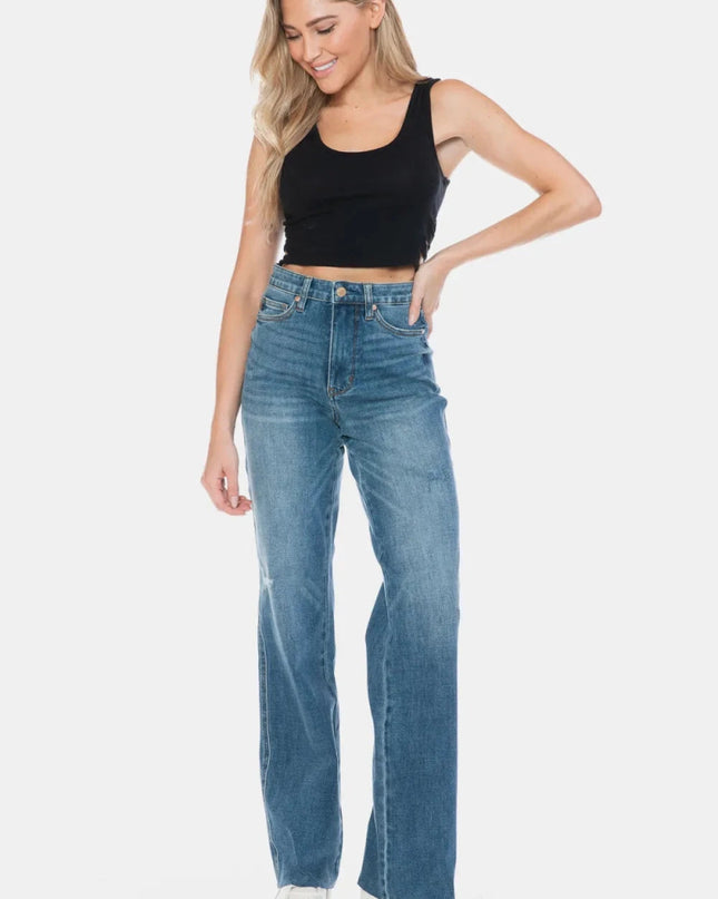 Judy Blue Full Size Tummy Control Cut Raw Hem Straight Jeans - Trendsi