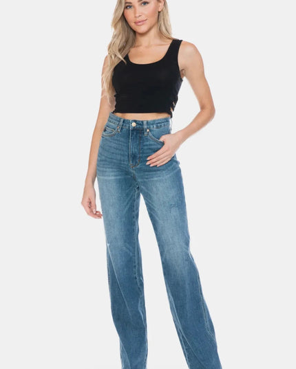 Judy Blue Full Size Tummy Control Cut Raw Hem Straight Jeans - Trendsi