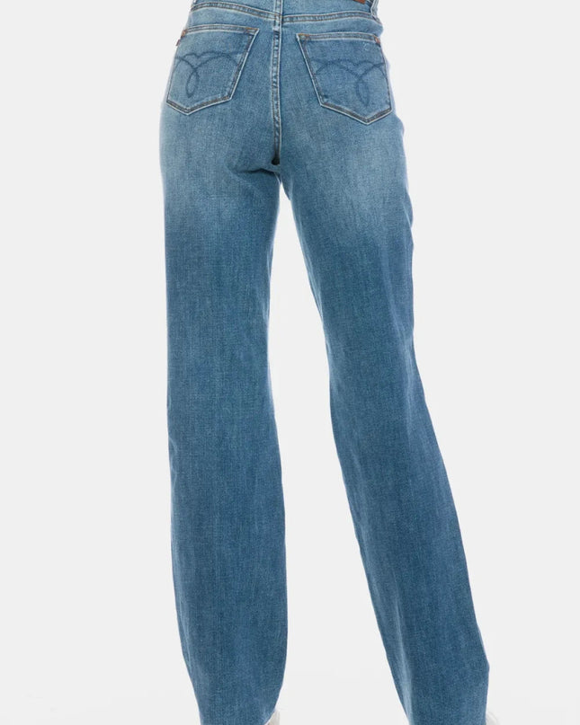 Judy Blue Full Size Tummy Control Cut Raw Hem Straight Jeans - Trendsi