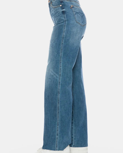 Judy Blue Full Size Tummy Control Cut Raw Hem Straight Jeans - Trendsi