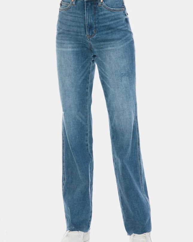 Judy Blue Full Size Tummy Control Cut Raw Hem Straight Jeans - Trendsi