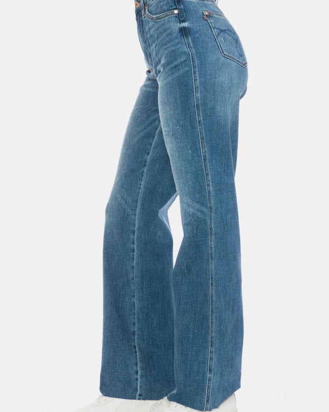Judy Blue Full Size Tummy Control Cut Raw Hem Straight Jeans - Trendsi