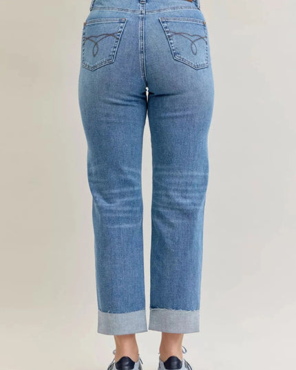 Judy Blue High Waist Bf Criss - cross Mild Destroy Jeans with Single Cuff - Trendsi