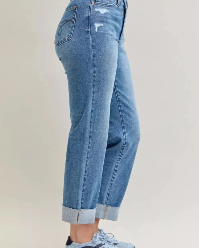 Judy Blue High Waist Bf Criss - cross Mild Destroy Jeans with Single Cuff - Trendsi