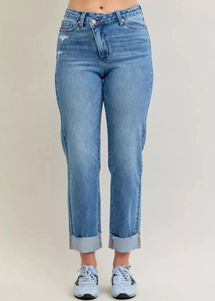 Judy Blue High Waist Bf Criss - cross Mild Destroy Jeans with Single Cuff - Trendsi