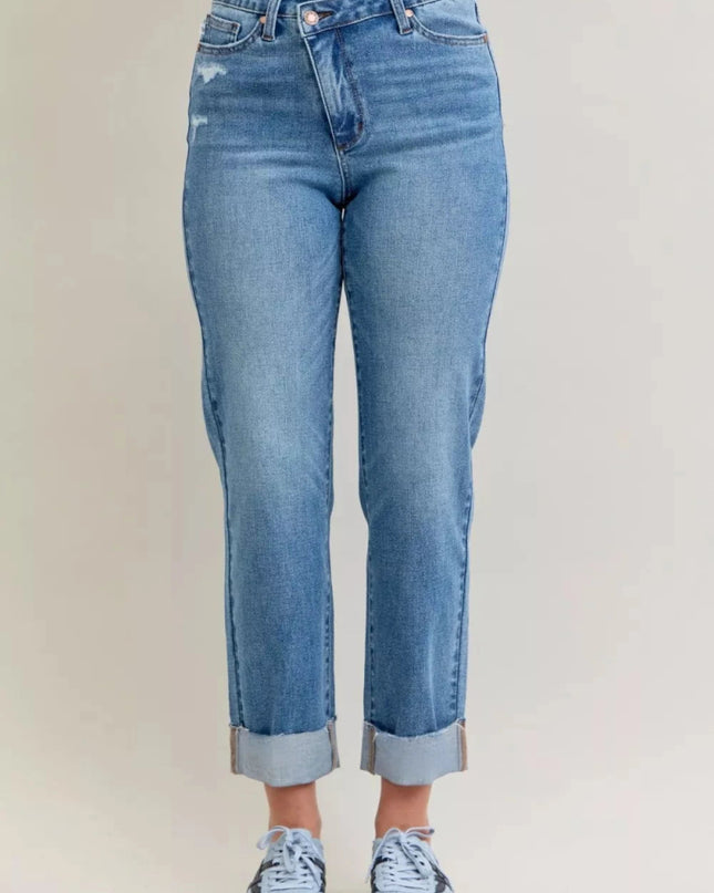 Judy Blue High Waist Bf Criss - cross Mild Destroy Jeans with Single Cuff - Trendsi