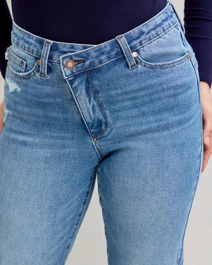 Judy Blue High Waist Bf Criss - cross Mild Destroy Jeans with Single Cuff - Trendsi