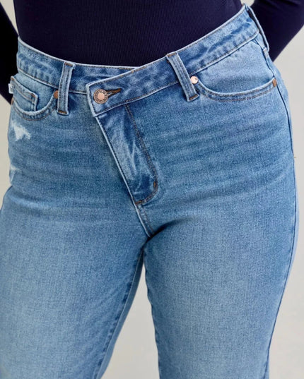 Judy Blue High Waist Bf Criss - cross Mild Destroy Jeans with Single Cuff - Trendsi