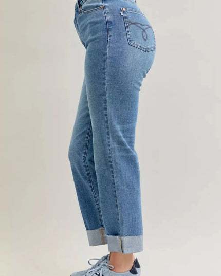 Judy Blue High Waist Bf Criss - cross Mild Destroy Jeans with Single Cuff - Trendsi
