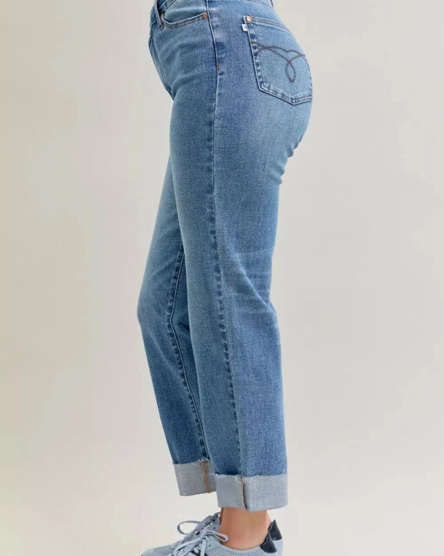 Judy Blue High Waist Bf Criss - cross Mild Destroy Jeans with Single Cuff - Trendsi