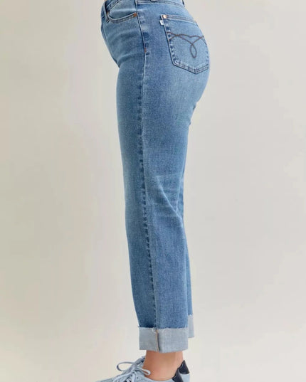 Judy Blue High Waist Bf Criss - cross Mild Destroy Jeans with Single Cuff - Trendsi