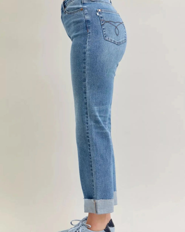 Judy Blue High Waist Bf Criss - cross Mild Destroy Jeans with Single Cuff - Trendsi