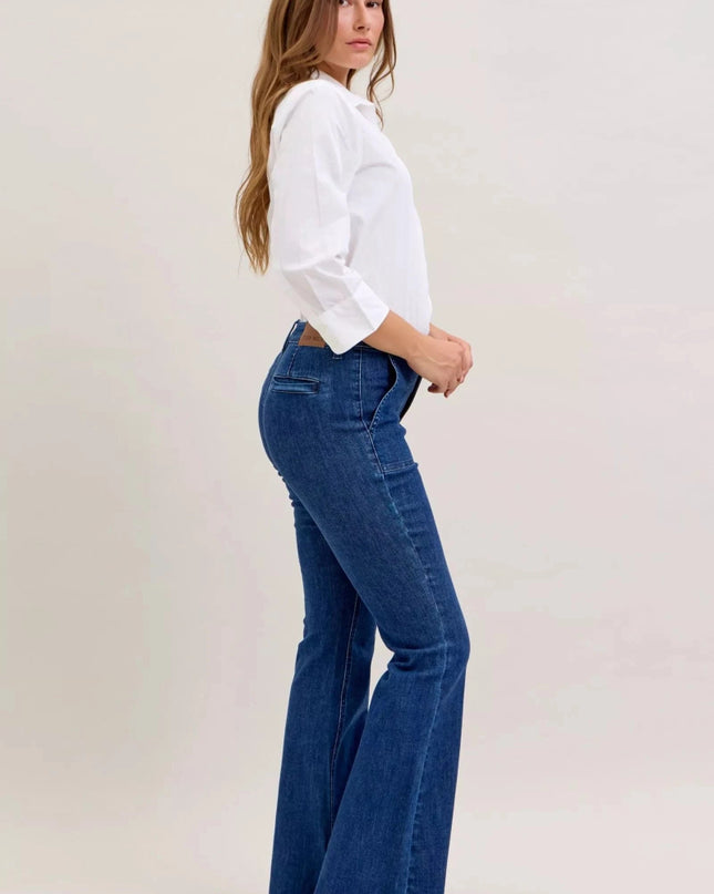Judy Blue High Waist Flare Jeans with Front Patch Pockets - Trendsi