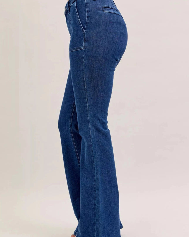 Judy Blue High Waist Flare Jeans with Front Patch Pockets - Trendsi
