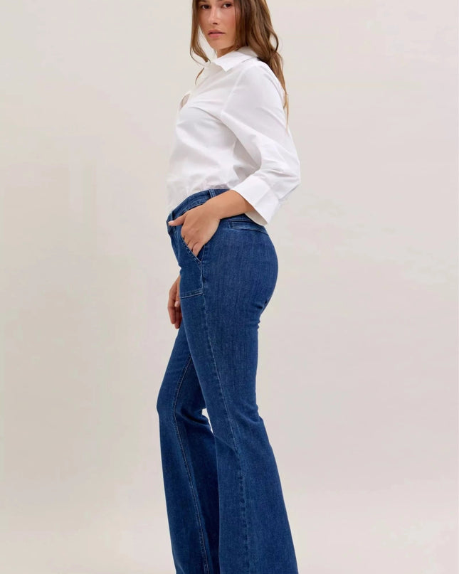 Judy Blue High Waist Flare Jeans with Front Patch Pockets - Trendsi
