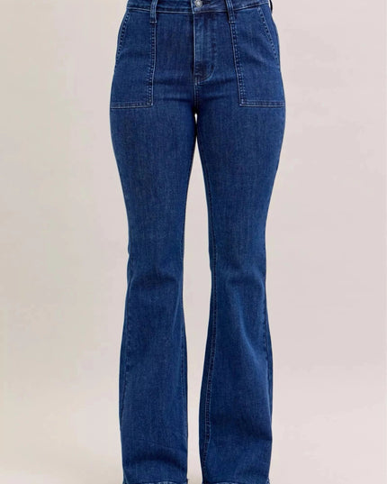 Judy Blue High Waist Flare Jeans with Front Patch Pockets - Trendsi