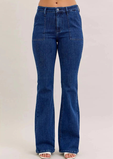 Judy Blue High Waist Flare Jeans with Front Patch Pockets - Trendsi
