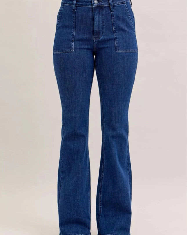 Judy Blue High Waist Flare Jeans with Front Patch Pockets - Trendsi