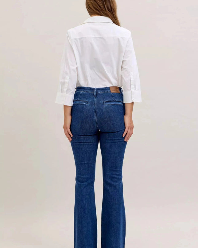 Judy Blue High Waist Flare Jeans with Front Patch Pockets - Trendsi