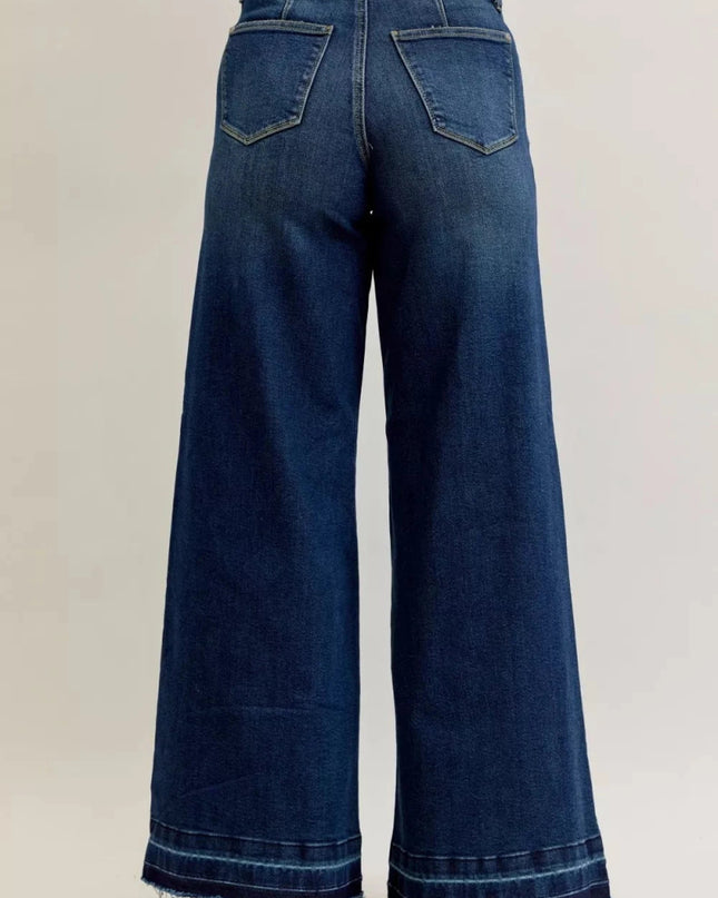Judy Blue High Waist Palazzo Jeans with Front Patch Pockets - Trendsi