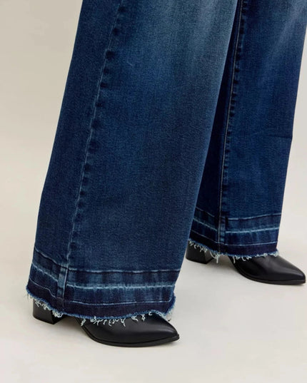 Judy Blue High Waist Palazzo Jeans with Front Patch Pockets - Trendsi