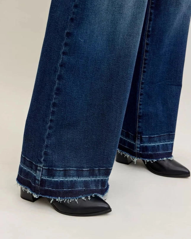 Judy Blue High Waist Palazzo Jeans with Front Patch Pockets - Trendsi