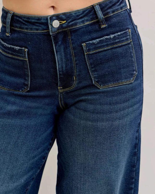 Judy Blue High Waist Palazzo Jeans with Front Patch Pockets - Trendsi