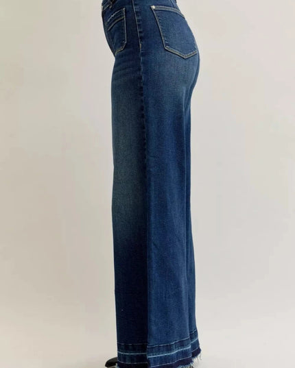Judy Blue High Waist Palazzo Jeans with Front Patch Pockets - Trendsi