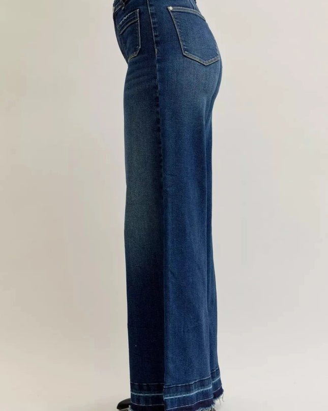 Judy Blue High Waist Palazzo Jeans with Front Patch Pockets - Trendsi