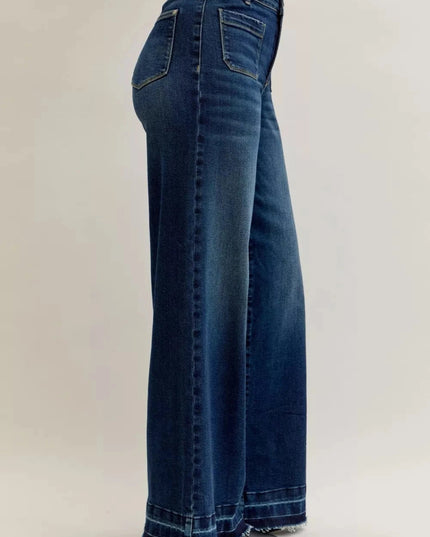 Judy Blue High Waist Palazzo Jeans with Front Patch Pockets - Trendsi