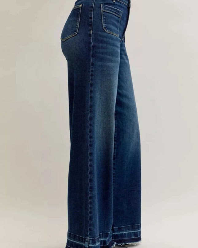 Judy Blue High Waist Palazzo Jeans with Front Patch Pockets - Trendsi