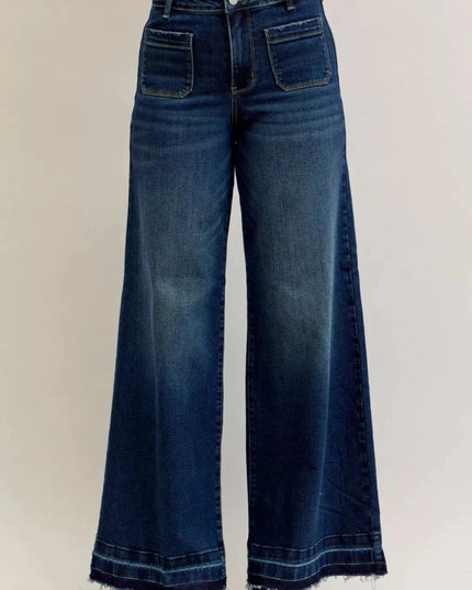 Judy Blue High Waist Palazzo Jeans with Front Patch Pockets - Trendsi