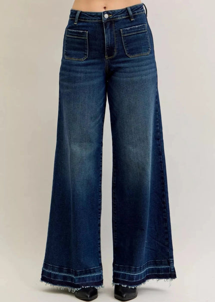 Judy Blue High Waist Palazzo Jeans with Front Patch Pockets - Trendsi