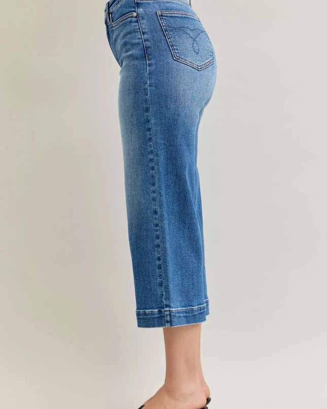 Judy Blue Mid Rise Crop Wide Leg Jeans - Trendsi