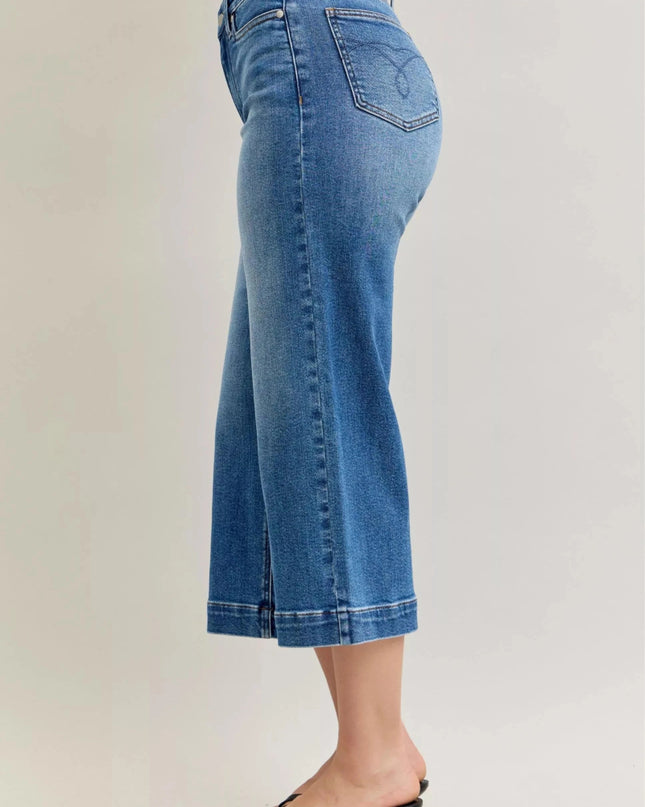 Judy Blue Mid Rise Crop Wide Leg Jeans - Trendsi
