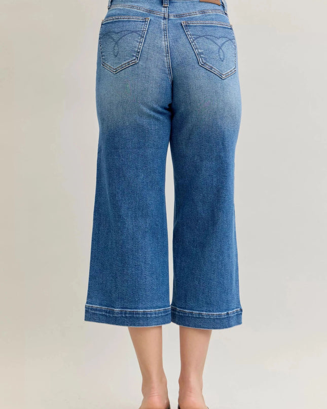 Judy Blue Mid Rise Crop Wide Leg Jeans - Trendsi