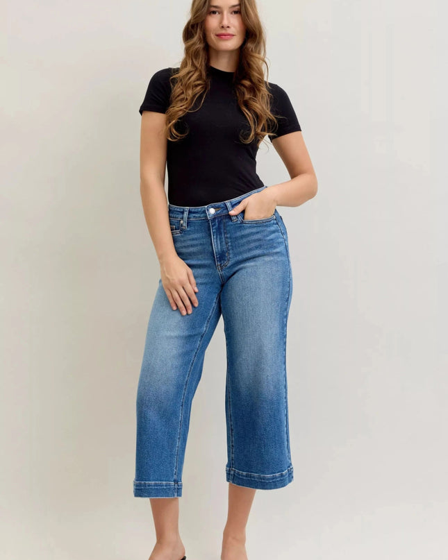 Judy Blue Mid Rise Crop Wide Leg Jeans - Trendsi