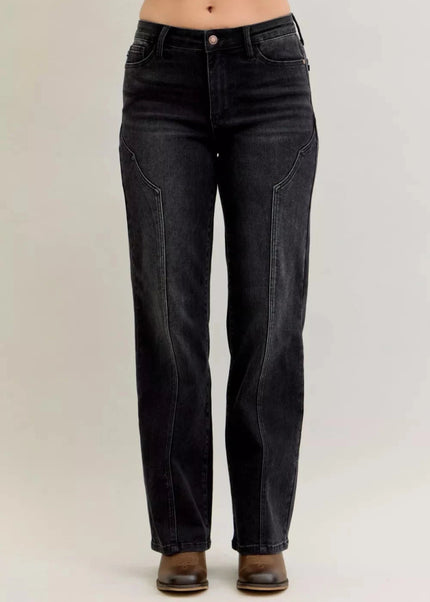 Judy Blue Mid Rise Straight Western Seam Detail Jeans - Trendsi