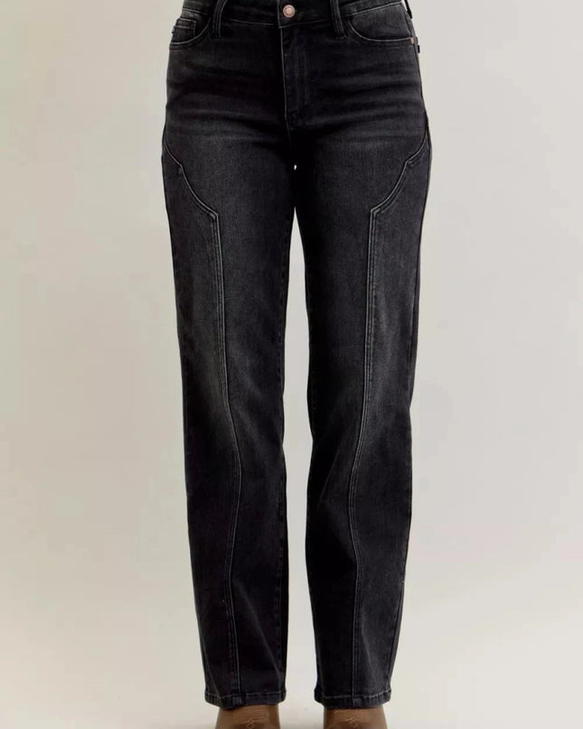 Judy Blue Mid Rise Straight Western Seam Detail Jeans - Trendsi