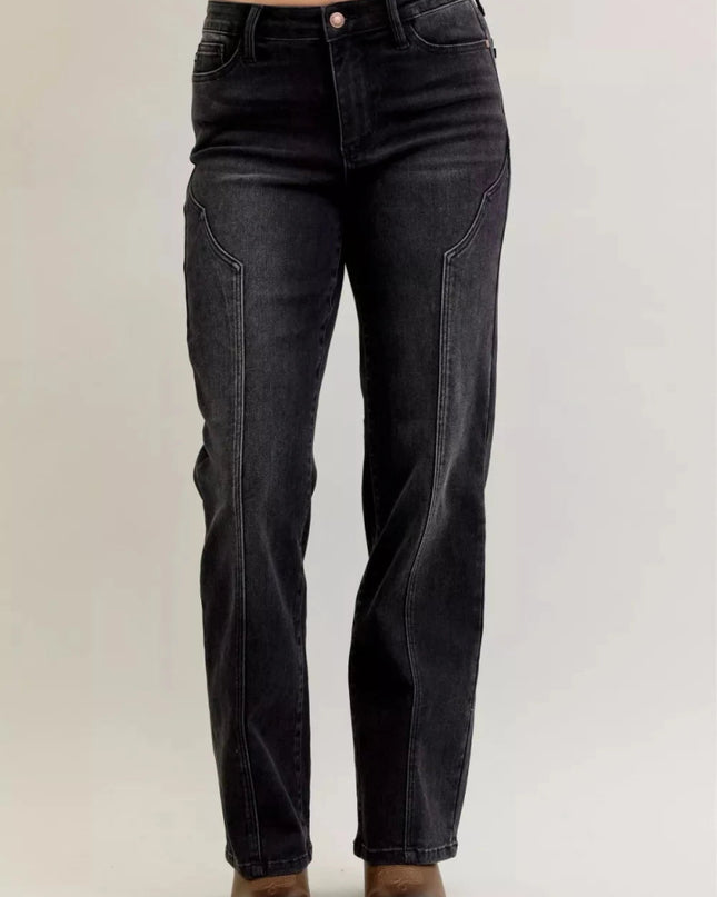 Judy Blue Mid Rise Straight Western Seam Detail Jeans - Trendsi