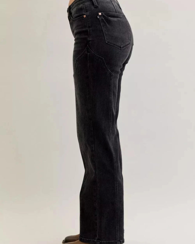 Judy Blue Mid Rise Straight Western Seam Detail Jeans - Trendsi