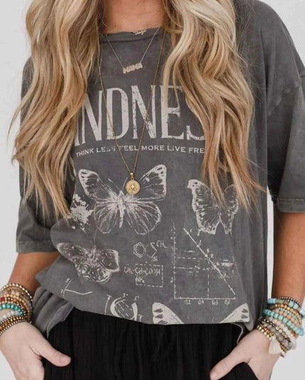 Kindness Butterflies Graphic Mineral Wash Loose Tee - Trendsi