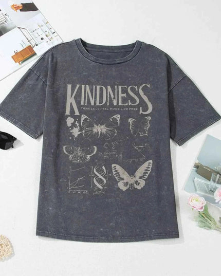 Kindness Butterflies Graphic Mineral Wash Loose Tee - Trendsi
